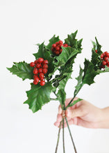 Load image into Gallery viewer, Fake Winter Greens Bundle of Holly and Red Berries - 14.5" Tall