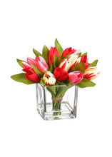 Load image into Gallery viewer, Pink Artificial Tulip Flowers in Glass Vase - 8"