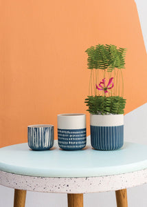 Blue and White Geometric Flower Pot 5" Tall
