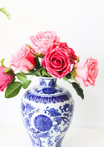 Ceramic Ginger Jar Vase in Blue and White - 10.5" Tall