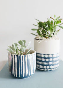 Blue and White Geometric Flower Pot 5" Tall